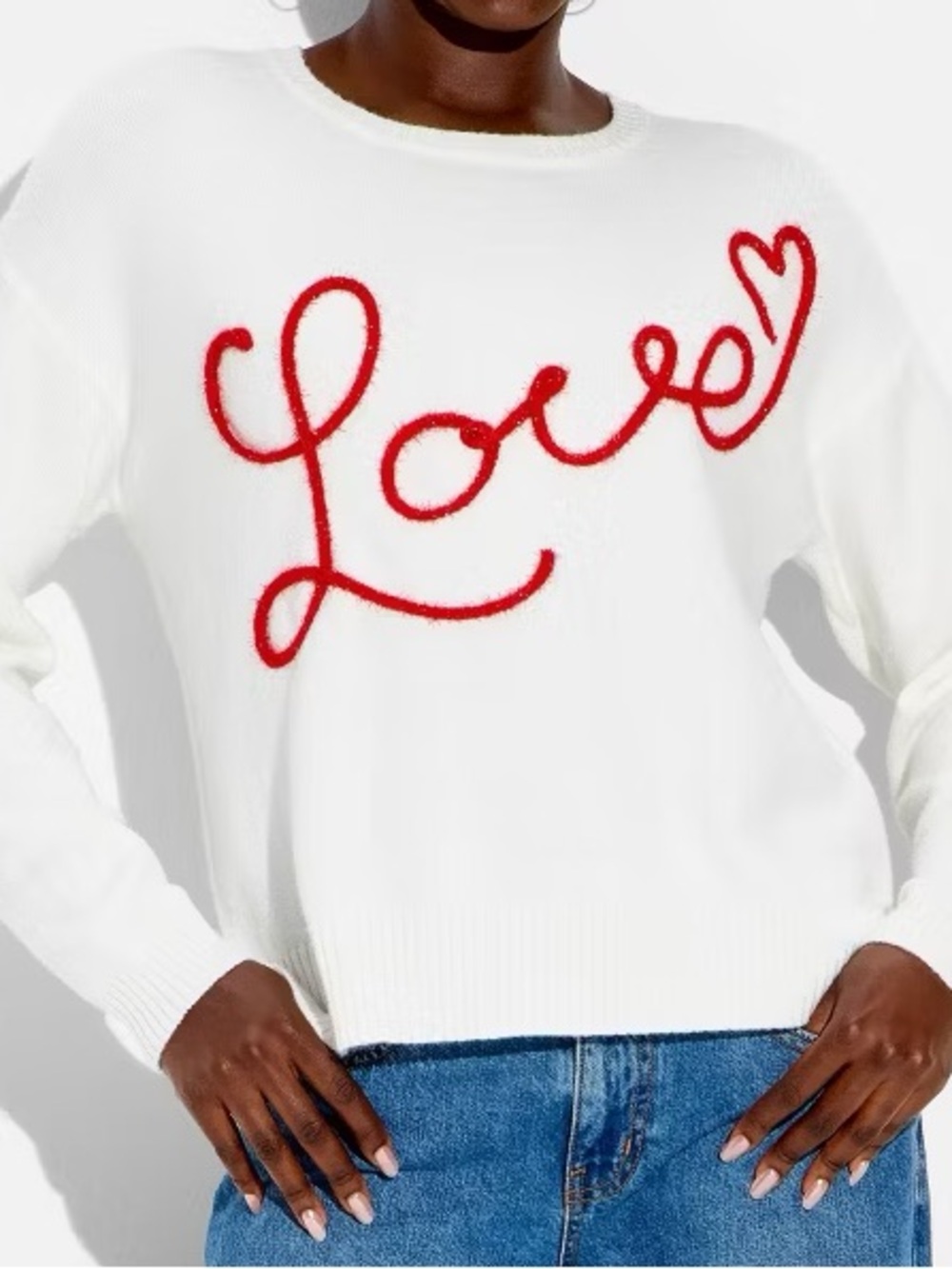 33 Degrees White Crewneck Sweater with Red 'Love' Script, Valentine’s Day